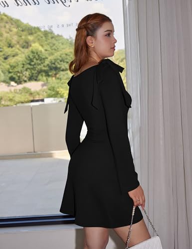 Aprilake Women's Long Sleeve Boat Neck Bodycon Ruched Elegant Bow Tie Party Mini Dress