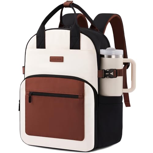 LOVEVOOK Laptop Backpack for Women - Stylish Work Backpack with Large Cup Holder, Waterproof College Teacher Backpack, Bei...