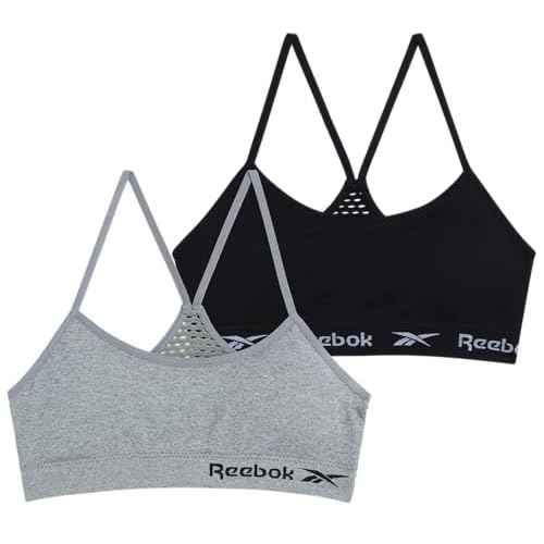 Reebok Girls Training Bra - 2 Pack Racerback Crop Cami Bralette with Removable Pads - Soft Seamless Bras for Teens (6-16)