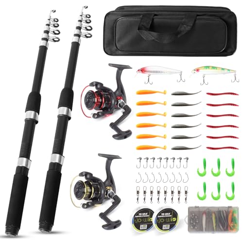 Fishing Rod and Reel Combo Set - 2PCS 6.89ft Collapsible Carbon Fiber Rods with Spinning Reels Fishing Lures Carrier Bag f...