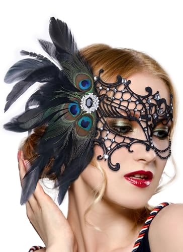 Zinniday Halloween Masquerade Masks for Women - 2026 Peacock Feather Lace Mask 1920s Venetian Eyemask for Party