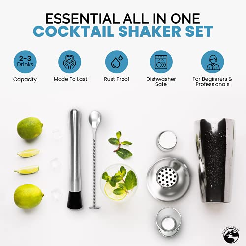 Blue River Water 24oz Cocktail Shaker Set - Martini Shaker w Built-in Drink Shaker Strainer, Muddler, Jigger, Mixing Spoo...
