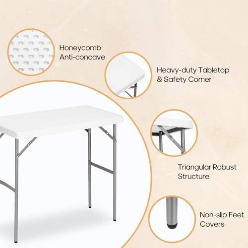 2.7ft Rectangular Folding Table for All-Occasion, Foldable Table with HDPE Tabletop and Steel Legs, Durable and Stable Sma...