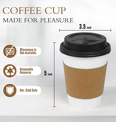 Ginkgo 100 Pack 12 oz Disposable Thickened Paper Coffee Cups with Lids and Sleeves, To Go Hot Coffee Cups, Hot Chocolate, ...