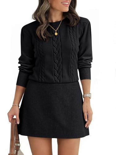 Saodimallsu Womens Puff Long Sleeve Sweater Dress Cable Knit A Line Crew Neck Fall Casual Flare Mini Dresses