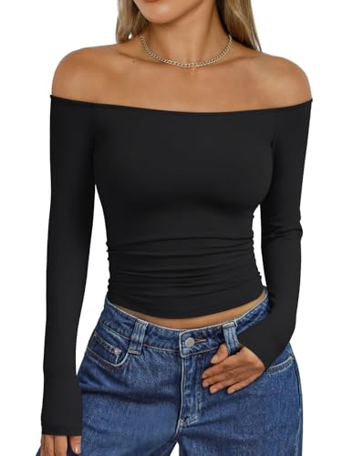 Trendy Queen Womens Long Sleeve Off The Shoulder Tops Going Out Cute Basic Y2K Fall Fashion 2026 Outfits Clothes