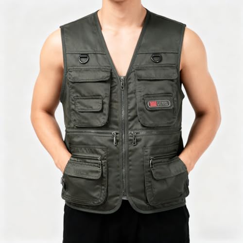 1PC Men's Heavy Duty Lined Vest with 10 Pockets, Warm Padded Sleeveless Jacket for Fishing, Hiking, Photography, Work Oliv...