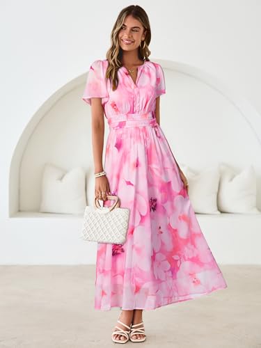 Simplee Women Floral Summer Maxi Dress Boho Flowy Casual Chiffon Short Sleeves V Neck Long Wedding Guest Dresses