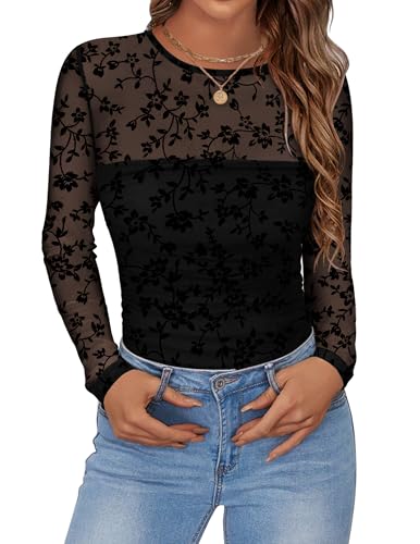 Zeagoo Long Sleeve Shirts for Women Sheer Mesh Sexy Blouses Fall Fashion Crewneck Going Out Tops