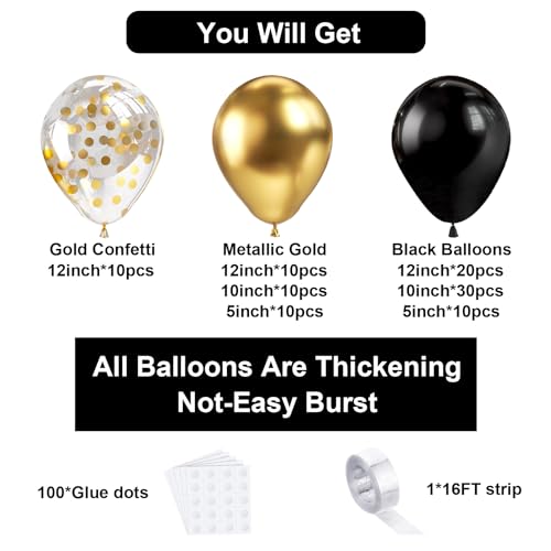Bezente Black Gold Balloons Garland Kit, 100Pcs Black Gold Metallic Chrome and Gold Confetti Balloons Arch with Tape for N...