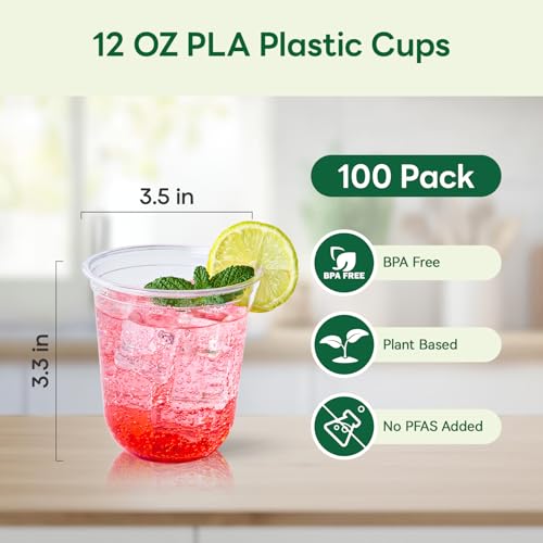 Vplus 12 oz Compostable Clear Plastic Cold Cups, 100 Pack Biodegradable Disposable Cups, BPA & PFAS Free, Plant-Based Plas...