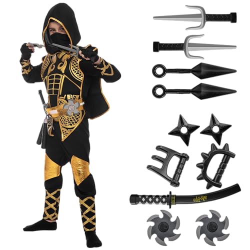 Spooktacular Creations Golden Ninja Costume Set, Ninja Jumpsuit with Foam Accessories for Kids, Toddler Halloween Outfit f...