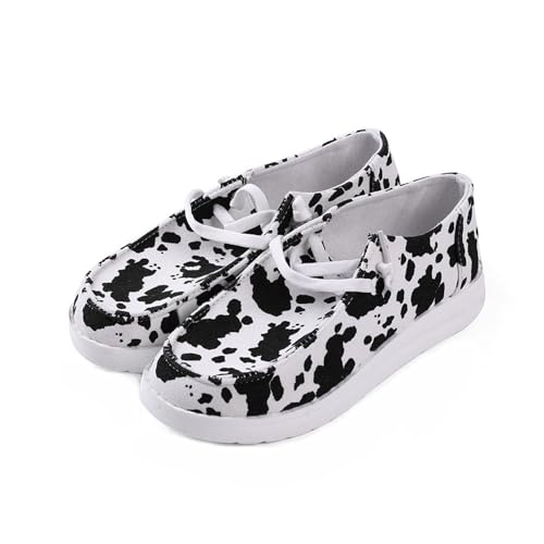 RACHAPE Cow Print Shoes Canvas Sneakers for Women Slip-Ons Flats Ladies Loafers