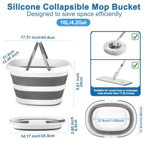 Collapsible Mop Bucket with Handle for Cleaning, 16L(4.2 Gallon) Silicone Square Mopping Bucket for Windows Cleaning or Ca...