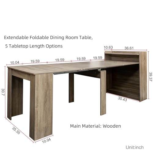 KEIKI 30”-88.4”L Extendable Foldable Dining Room Table with Storage for 1-10 People, Wood Modern Rustic Rectangle Expandab...