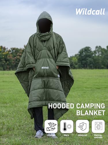 WildCall Hooded Camping Blanket with 3M Thinsulate Insulation Wearable Poncho Blanket Ultralight Foldable Quilt Sleeping B...
