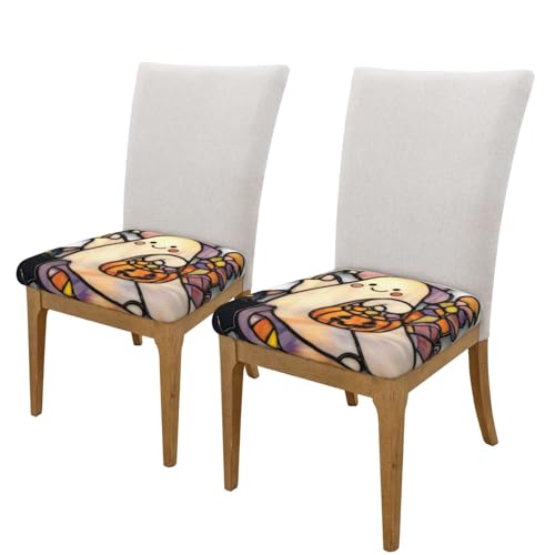 Cute Ghost Pumpkin-Shaped Candy Bucket Chair Seat Covers for Dining Room Stretch Chair Seat Covers Set of 2, Chair Seat Protector Cushion Slipcovers for Kitchen Restaurant Office