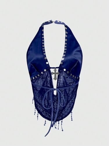 SOLY HUX Women's Gothic Grunge PU Leather Sparkly Halter Crop Top Y2k Deep V Neck Vest Rave Outfits