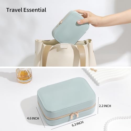 NGVRC Genuine Leather Travel Jewelry Organizer Case with Mirror for Women, Small Mini Portable Jewelry Box for Ring Earrings Necklace Bracelet Luxury Gift for Women（Pink）