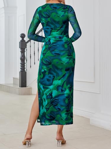Trendy Queen Women's Floral Print Bodycon Ruched Dress Fall Long Sleeve Maxi Wedding Guest Dresses with Side Slit
