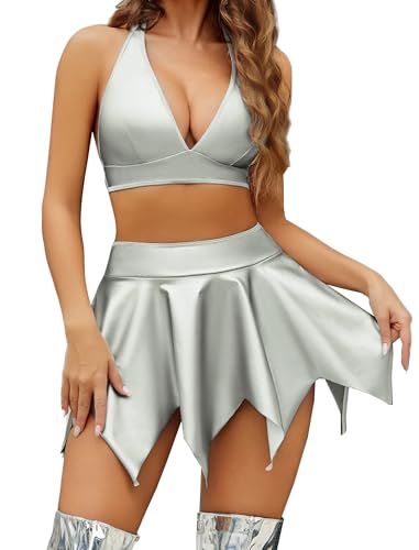 Avidlove Sexy Lingerie for Women Rave Club Date Night Outfits Lingerie Set Leather 2 Piece Halter Crop Top and Mini Skirt