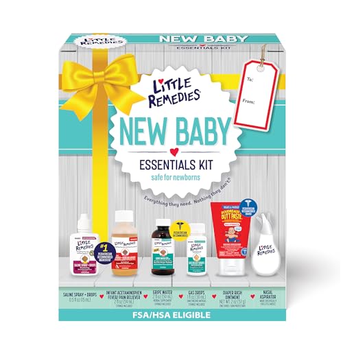 Little Remedies New Baby Essentials Kit with Saline Nasal Spray, Diaper Rash Cream, Gas Relief Drops, Gripe Water & More, ...