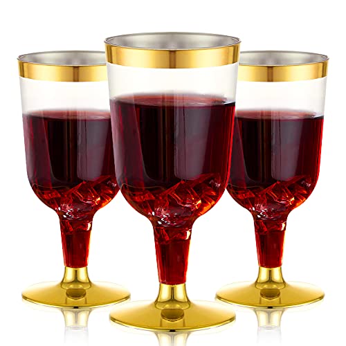 N9R 30PCS Plastic Wine Glasses with Gold Rim, 6 Oz Plastic Wine glasses with Stem, Disposable Wine Cups Reusable Suitable ...