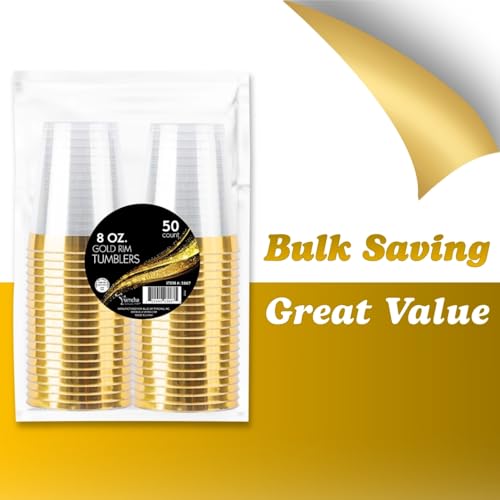 BLUESKY Elegant Gold Rim Plastic Tumblers - 8oz Crystal Clear Plastic Cups (50 Count) Disposable Clear Cups For Wine & Col...