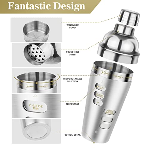 Cocktail Shaker Martini Shaker Set with Recipe, 24 oz Martini Shaker Drink Shaker Drink Mixer Stainless Steel Cocktail Sha...