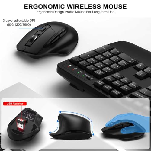 Wireless Keyboard and Mouse Combo, 2.4G Full Size Wave Keys Ergonomic Keyboard with Wrist Rest and 3-Level DPI Adjustable ...