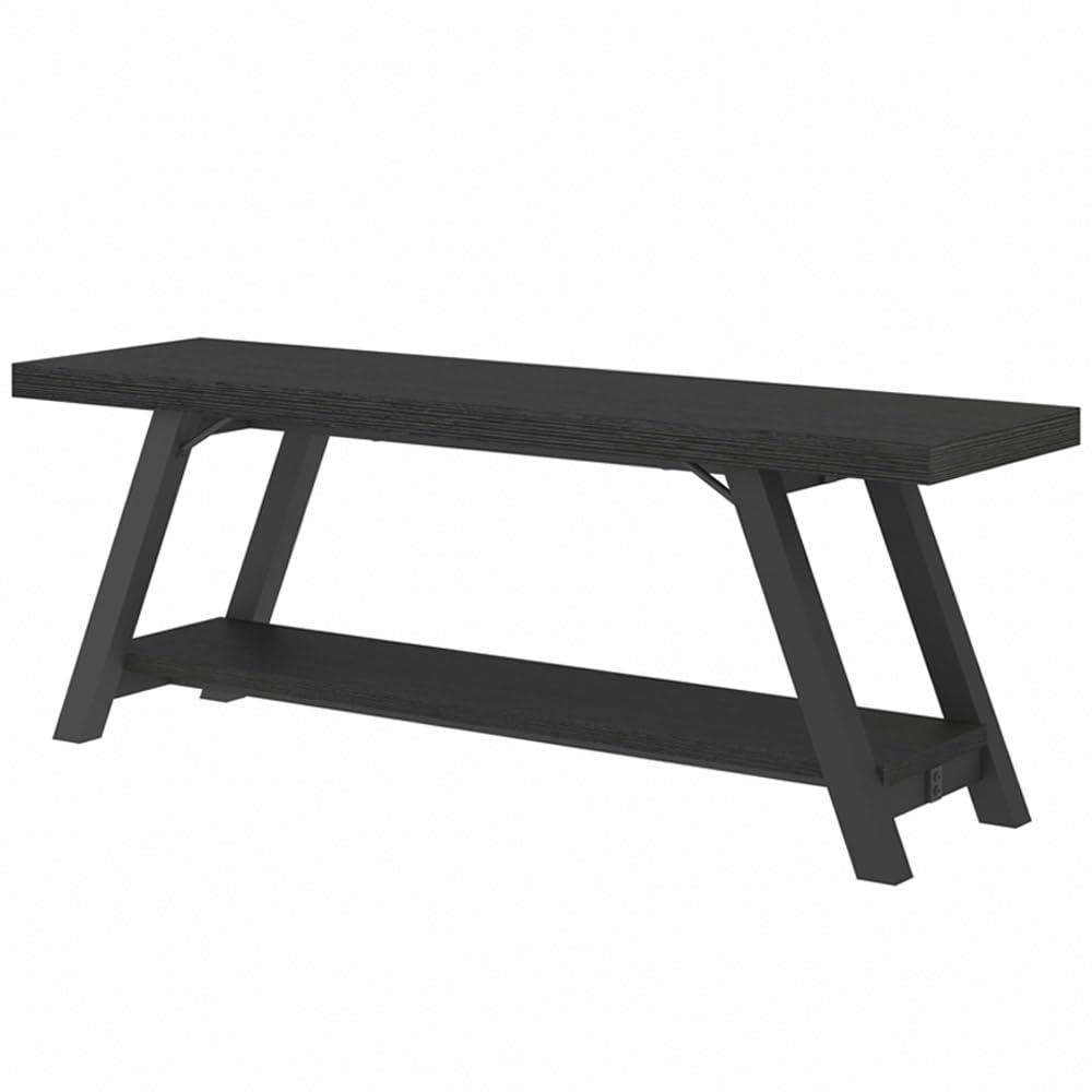 LVB Black Bench, Modern Storage Bench for Bedroom, Wood Metal Entryway Bench for Hallway Dining Living Room, Famrhouse Shoe Rack Indoor Accent Seating Benchs for Foyer Entrance, Black Oak 47 Inch Long