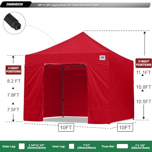 ABCCANOPY Heavy Duty Easy Pop up Canopy Tent with Sidewalls 10x10, Red