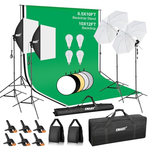 EMART 8.5 x 10 ft Backdrop Support System, Professional Photography Lighting Kit with 10*12ft Backdrop*3, 50W LED Blub, Re...