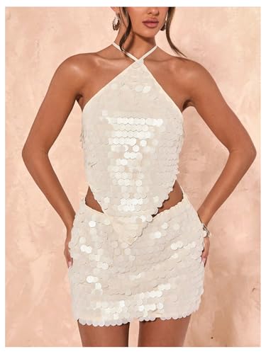 SweatyRocks Women's Sexy Sequin Halter Tops Crisscross Tie Backless Asymmetrical Party Top