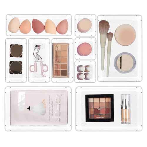 Vtopmart 10 Pcs Makeup Drawer Organizer Bins Set, 4 Size Plastic Makeup and Vanity Organizer Trays, Clear Acrylic Vanity Storage Containers for Cosmetics, Toiletries, Jewelry, Gadgets, Office Supply