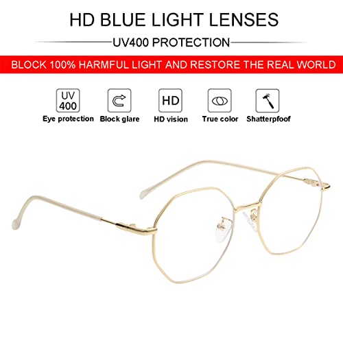 JOVAKIT Polygon Blue Light Blocking Glasses for Women Men Vintage Octagon Square Non-prescription Metal Eyeglasses