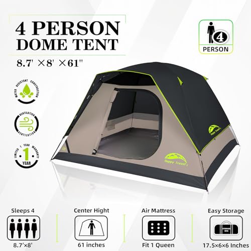 Happy Travel Camping Tent, 4/6 Person Dome Tents for Camping with Rainfly, Waterproof Clip Easy Setup Portable Family Tent...