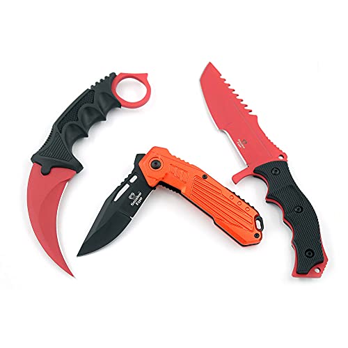 Snake Eye Tactical Triple Set Fixed Blade Mini Huntsman Folding Knife Outdoors Hunting Camping Fishing Self Defense (Red)