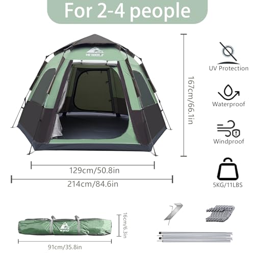 Hewolf 2/3/4 Person Camping Tent - Instant Pop Up Waterproof 2 Doors Tent with Easy Setup | 3-Season Hexagonal Dome Design...