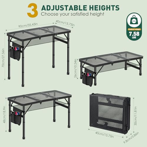 DeeprBetter Folding Camping Table, 3ft Camping Table Aluminum Folding Table with 3 Adjustable Height Max 27.5 Inch Picnic ...