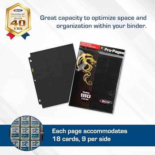BCW Double-Sided 9-Pocket Pages Holder - 50 Black Pages | Trading Card Binder Sheets | Secure Side Loading | Ideal Card Storage and Display Solution