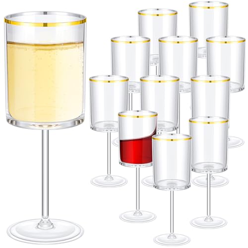 Yaomiao 12 Pack Clear Plastic Disposable Wine Glasses with Stem 10 Oz Gold Rimmed Reusable Wine Glasses Cups for Wedding A...