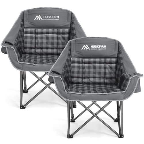 Huskfirm 2 Pack Camping Chairs Oversized Padded Camping Chair Heavy-Duty Foldable Camping Chairs with Cup Holder and Coole...
