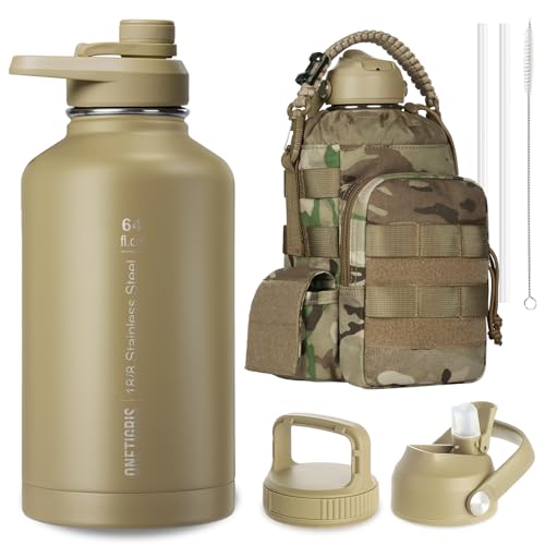 ONETIGRIS Tactical Half Gallon Water Bottle with Straw - 64 oz Vacuum Insulated Stainless Steel Water Jug, Leakproof Sport...