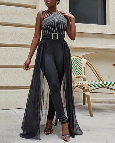 chicyes Womens One Piece Elegant Overlay Jumpsuit Dressy Sexy Bodycon Formal Sleeveless Rhinestone Romper Party Outfits