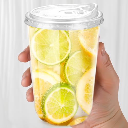 16oz Disposable Stemless Glasses With Strawless Sip Lids,PET Disposable Drinking Cups,Clear Plastic Wine Glasses for Parti...