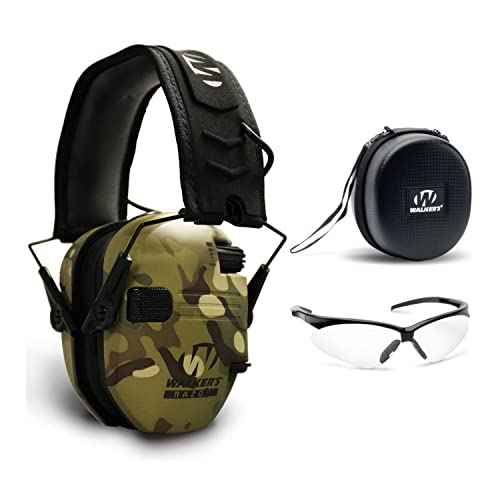 Walker's Razor Slim Electronic Muff (Multicam Camo Tan) with Case and Shooting Glasses Bundle (3 Items)
