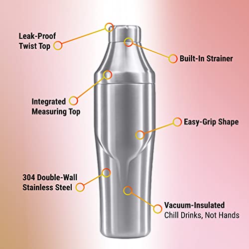 Lexenic 24oz Cocktail Shaker - Insulated Double Wall Keep Drink Chilled - No Stuck Twist Lid,Leakproof and Built-in Strain...