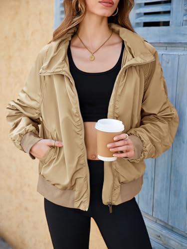 Fisoew Womens Windbreaker Crop Jackets Long Sleeve Zip Up Hidden Hooded Winter Bomber Jacket with Pockets