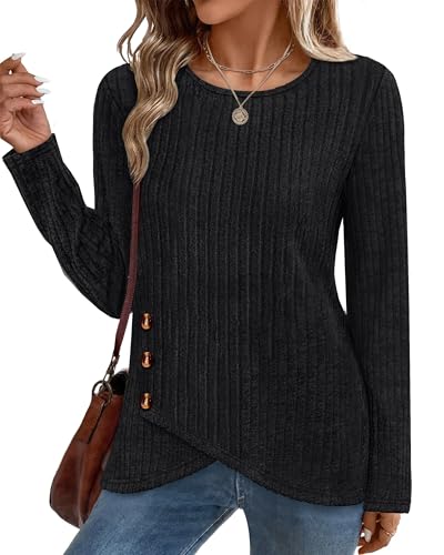 XIEERDUO Tunic Sweaters for Women Long Sleeve Shirts Crew Neck Tops with Buttons Fall Fashion Outfits Winter Clothing